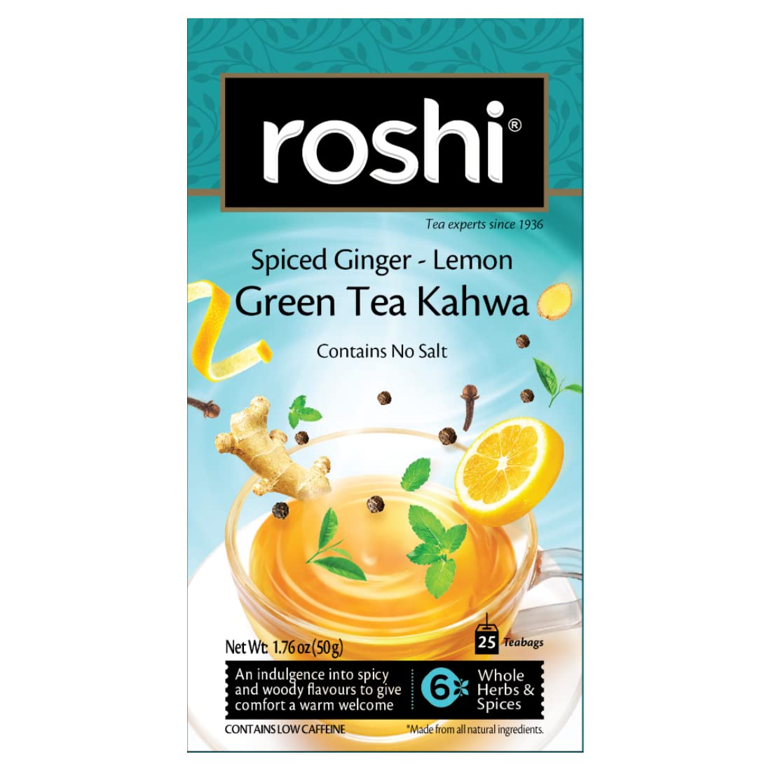 Roshi Green Tea Kahwa 25 Teabags Detox Desi Kahwa Green Tea With Ginger Lemon Black Pepper 8902